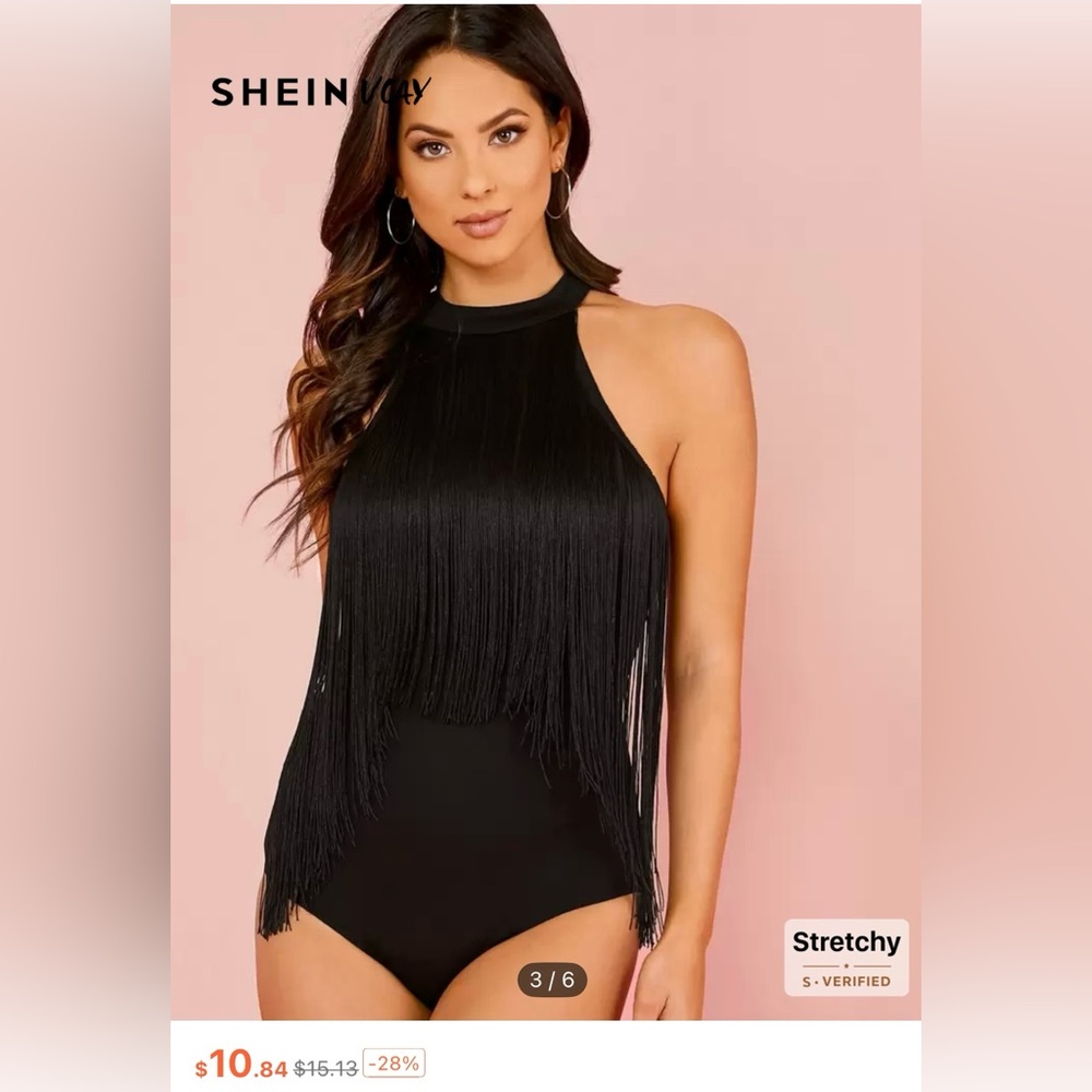 Shein Women’s NWOT Black Fringe Bodysuit-XL